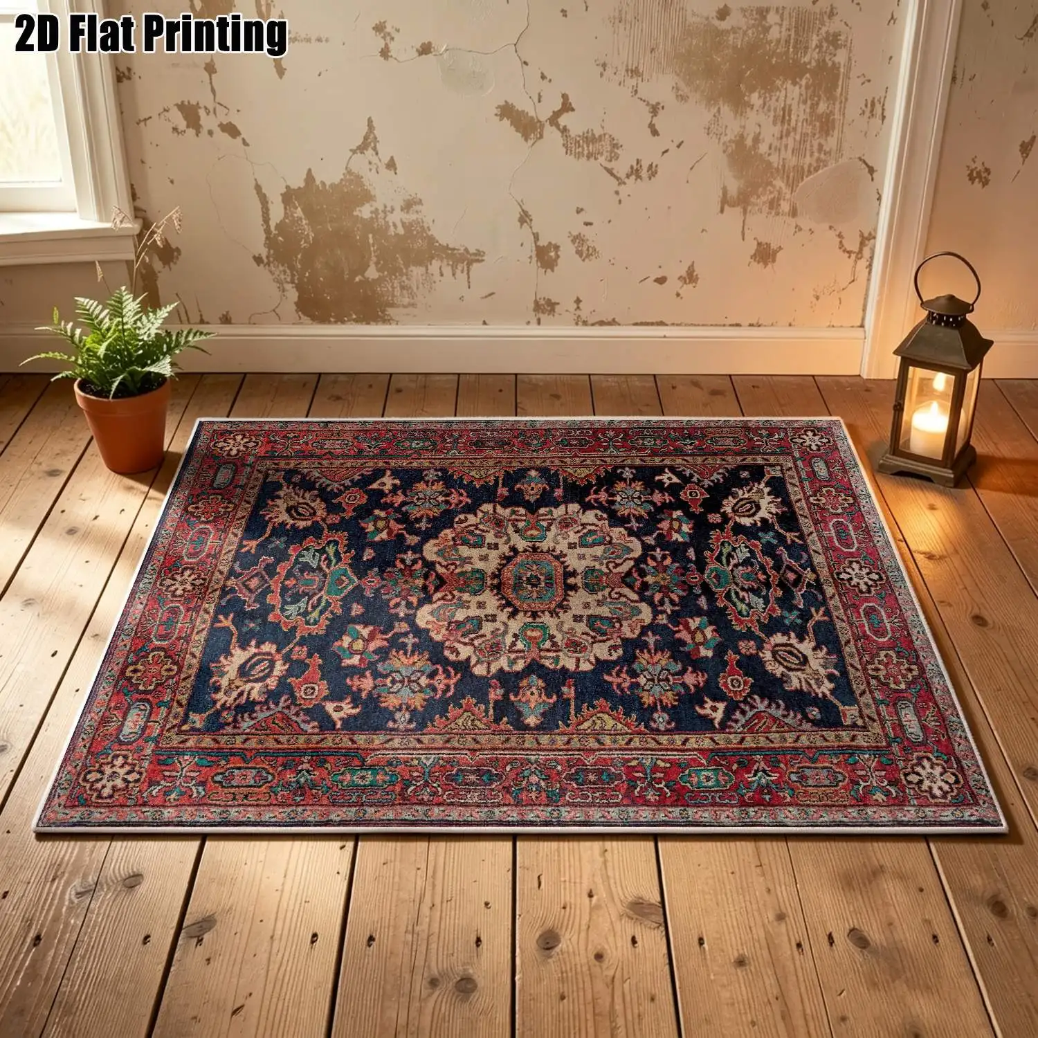 1Pc 2D Printed Velvet Carpet, Dark Blue Retro Floral, European/Vintage/Bohemian Style, Home Decor, Multi-Size, Machine Washable, for Entrance/Dining Room/Bedroom/Living Room