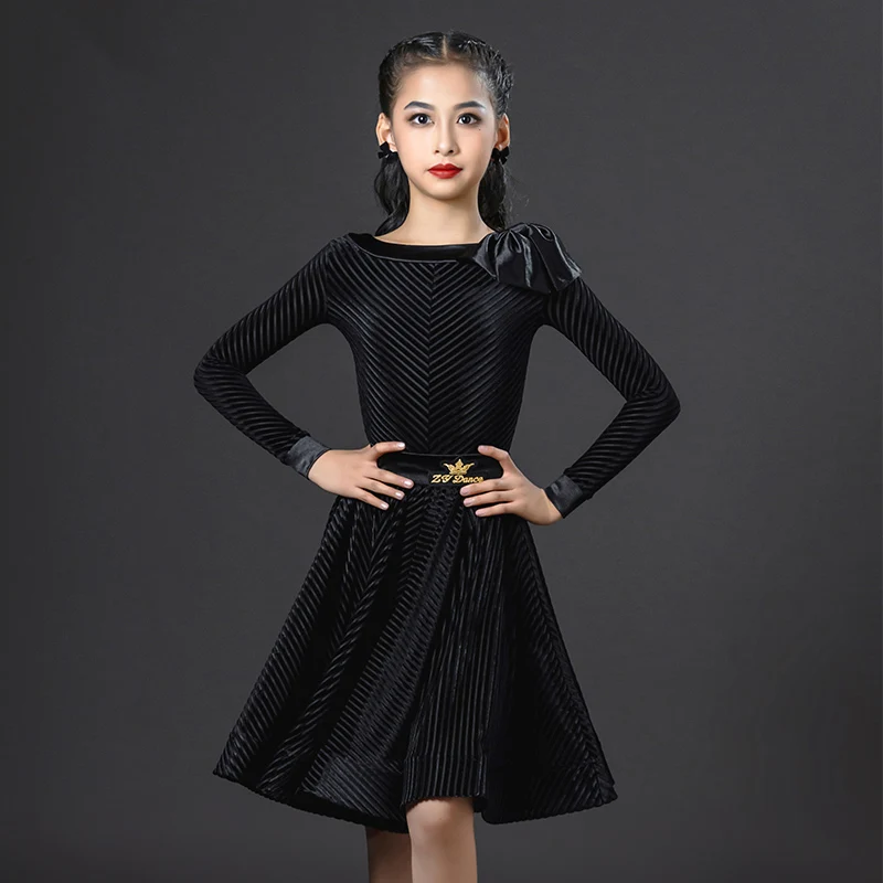 

Black Velvet Latin Dance Dress Long Sleeve Performance Suit Children Tango Ballroom Dance Stage Clothing Bodysuit Skirt VDB7167