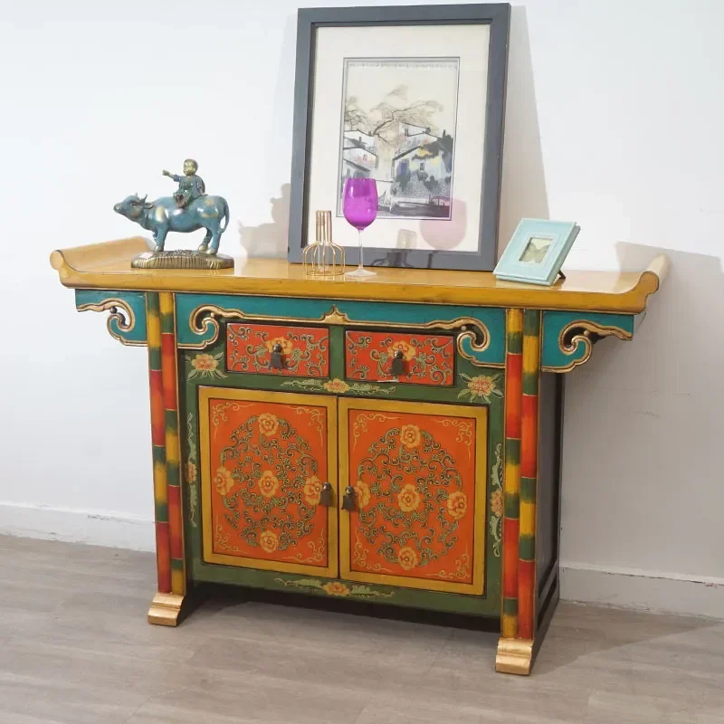 Tibetan Style Hand Painted Solid Wood Sideboard Retro Warped Head Storage Cabinet Simple Dining Room Partition Console Table