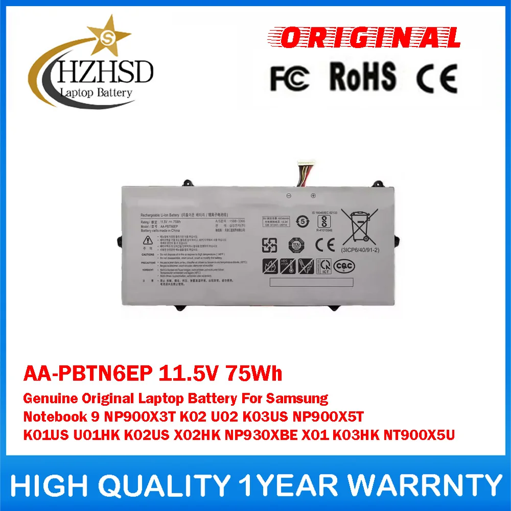 AA-PBTN6EP 11.5V 75Wh Genuine Original Laptop Battery For Samsung Notebook 9 NP900X3T U02 K03US NP900X5T K01US U01HK K02US X02HK