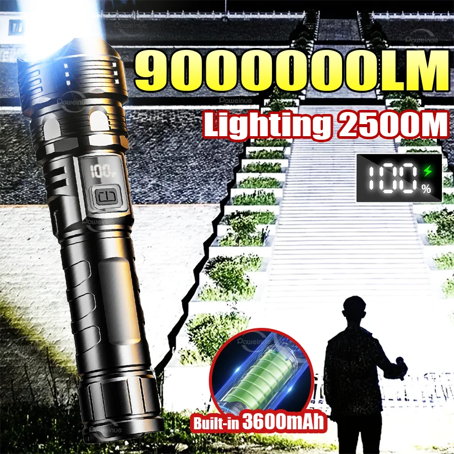 

2025 новейший мощный светодиодный фонарик Type-c, перезаряжаемый фонарик, мощный фонарик дальнего действия с зумом 2500 м, лампа для кемпинга и рыбалки