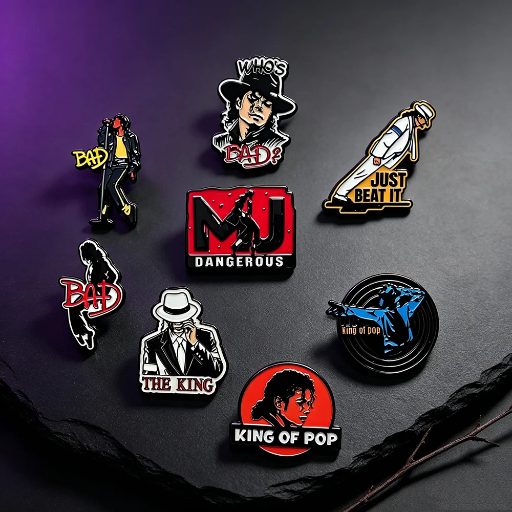 8Pcs Michael Jackson MJ Enamel Pin Brooch Set, King of Pop BAD Dangerous Beat It Classic Album Lapel Badges Backpack Decor