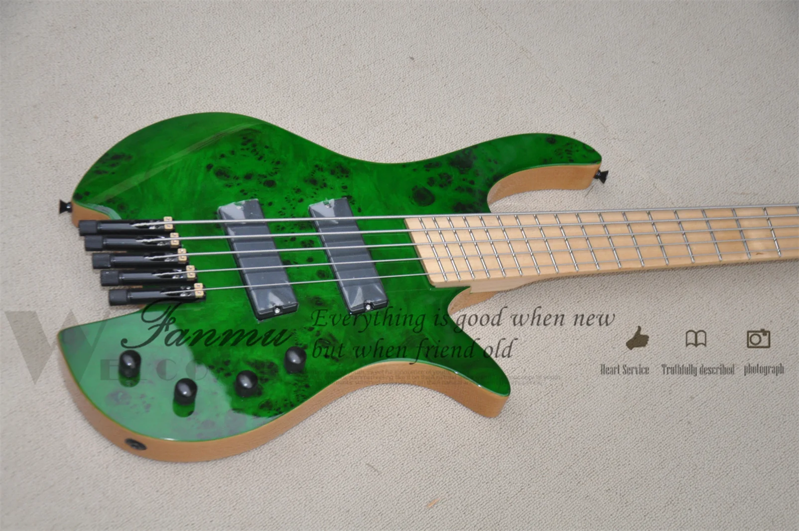 5 String Bass Guitar Headless Bass Green Bass ASH Wood Body Burl Maple Top Maple Neck High-quality Idependent Bridge