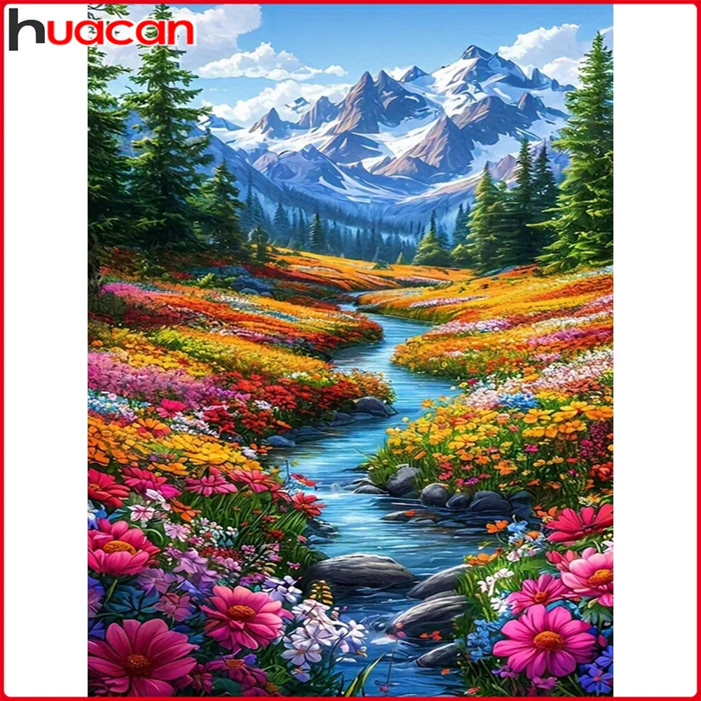 Huacan Neuheiten 2025, Diamantgemälde, Flussberg, Diamant-Stickerei, Landschaft, Blume, volles handgefertigtes Geschenk