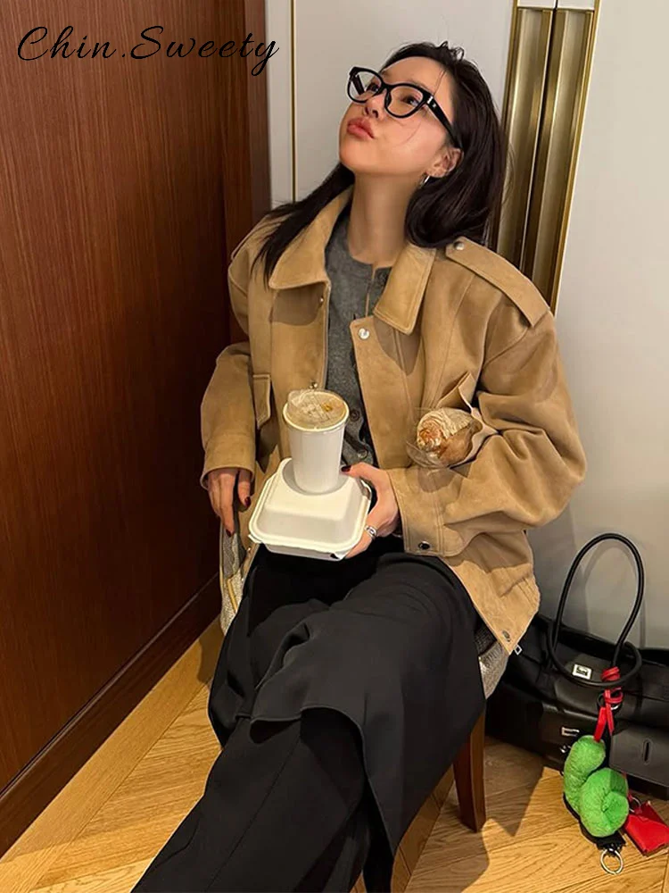 Chaqueta Bomber de ante con una hilera de botones para mujer, abrigo holgado con solapa y bolsillos de manga larga, prendas de vestir elegantes para ir al trabajo para otoño 2025