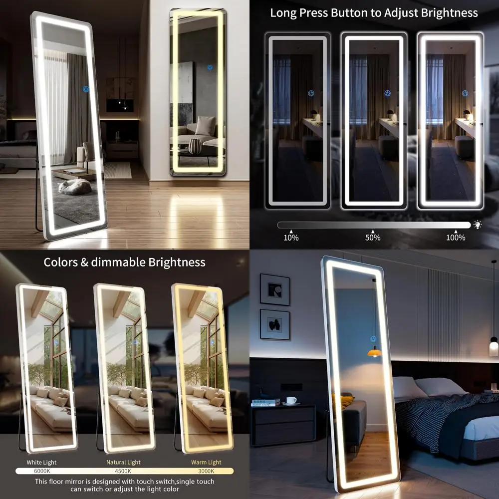 모서리가 둥근 63x20 풀 사이즈 전신 거울, 밝기 조절 가능한 3색 조명, 전신 스탠딩 화장 거울