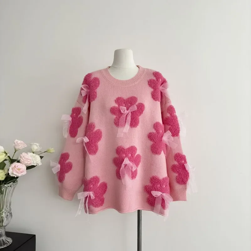 

Fashion New Round Neck Long Sleeve Autumn and Winter Outer Wear Loose Style Bow Pullover Style Top Lazy Sweater