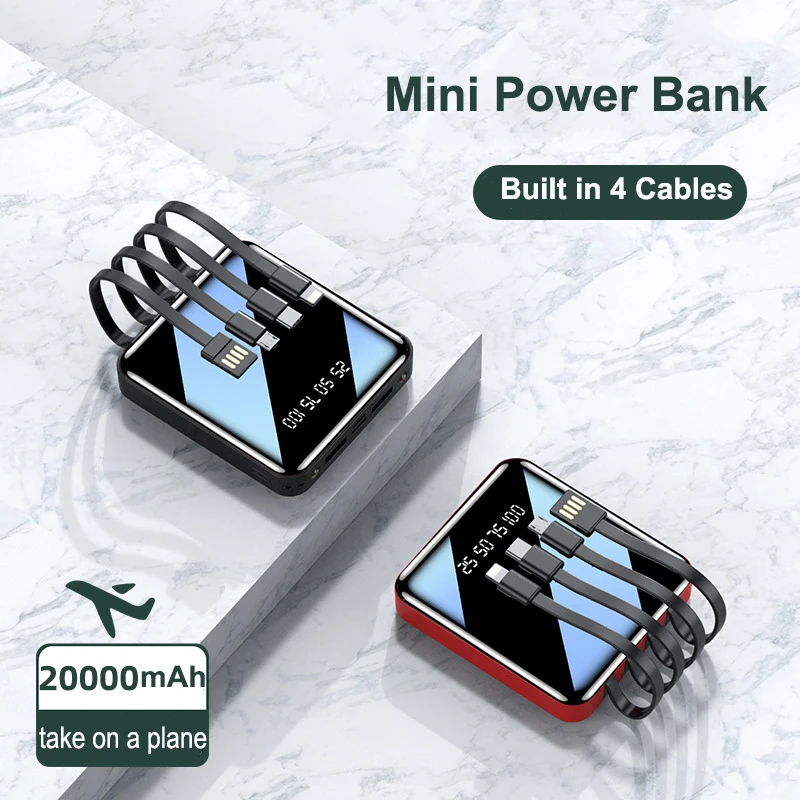 

Mini Power Bank 20000mAh Built in 4 Cable Portable Charger LED Mirror Digital Display Powerbank External Battery Pack Power Bank