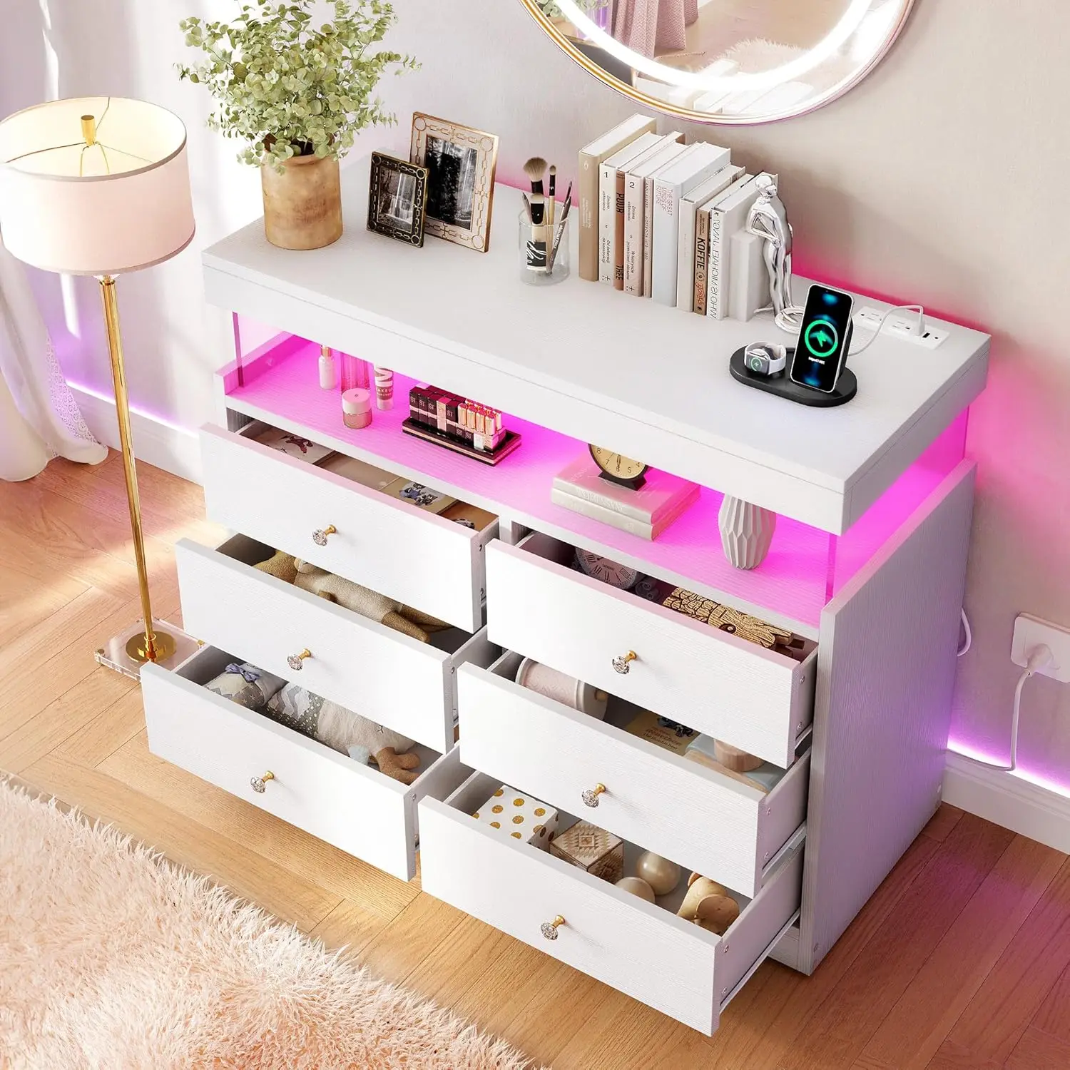 Yitahome 6 Drawer Dressers With Led Lights, Wood Dresser With Charging Station, Modern Chest Of Drawers, Double Storage Dresser