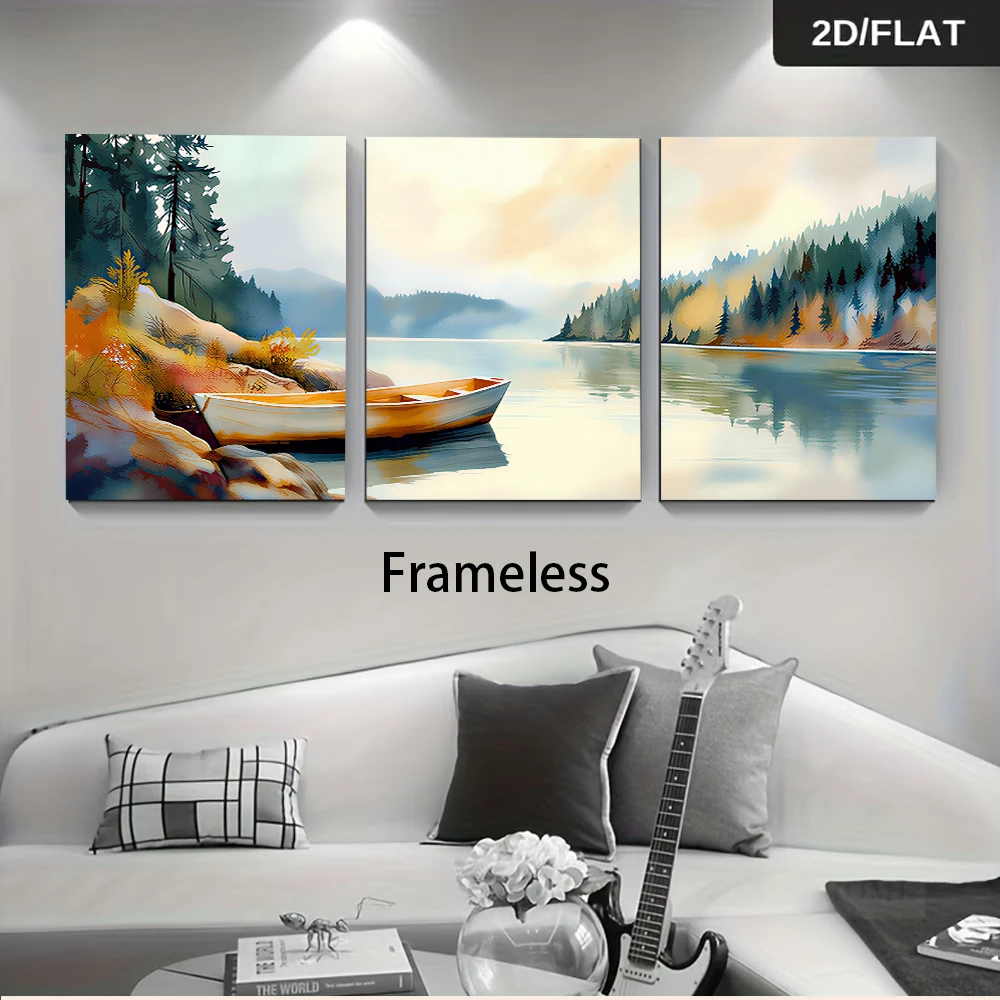 1 set of three frameless decorative paintings depicting landscapes of mountains, lakes, and small boats in a modern 2D format.