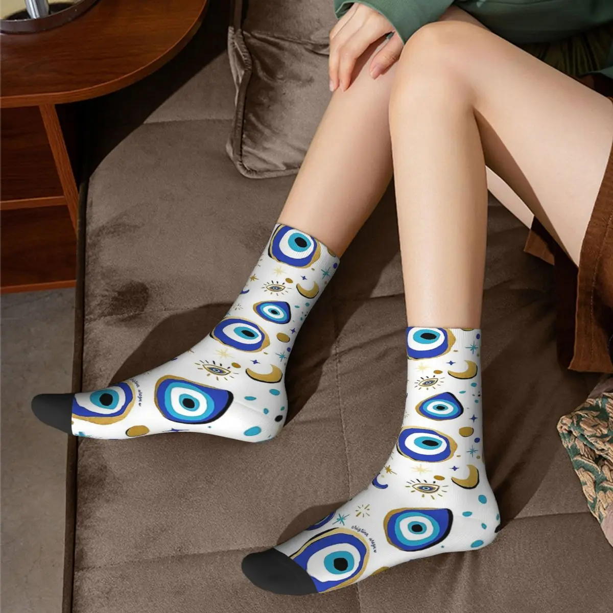 Blue Evil Eye Socks Men\'s Women\'s Funny Happy Greek Amulet Nazar Lucky Socks Spring Summer Autumn Winter Middle Tube Socks Gifts