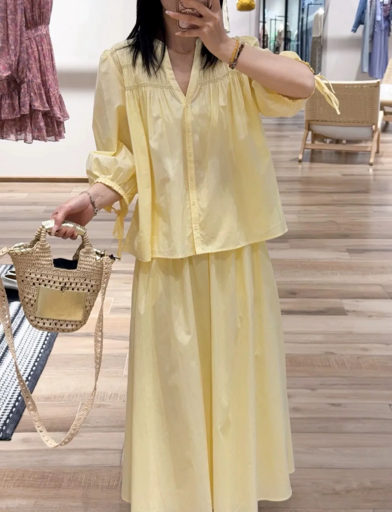 

Fashionable Knot Belted Half Skirt Pleated Top Loose Casual Shirt Commute Style Long Sleeve V-Neck Cotton Blend