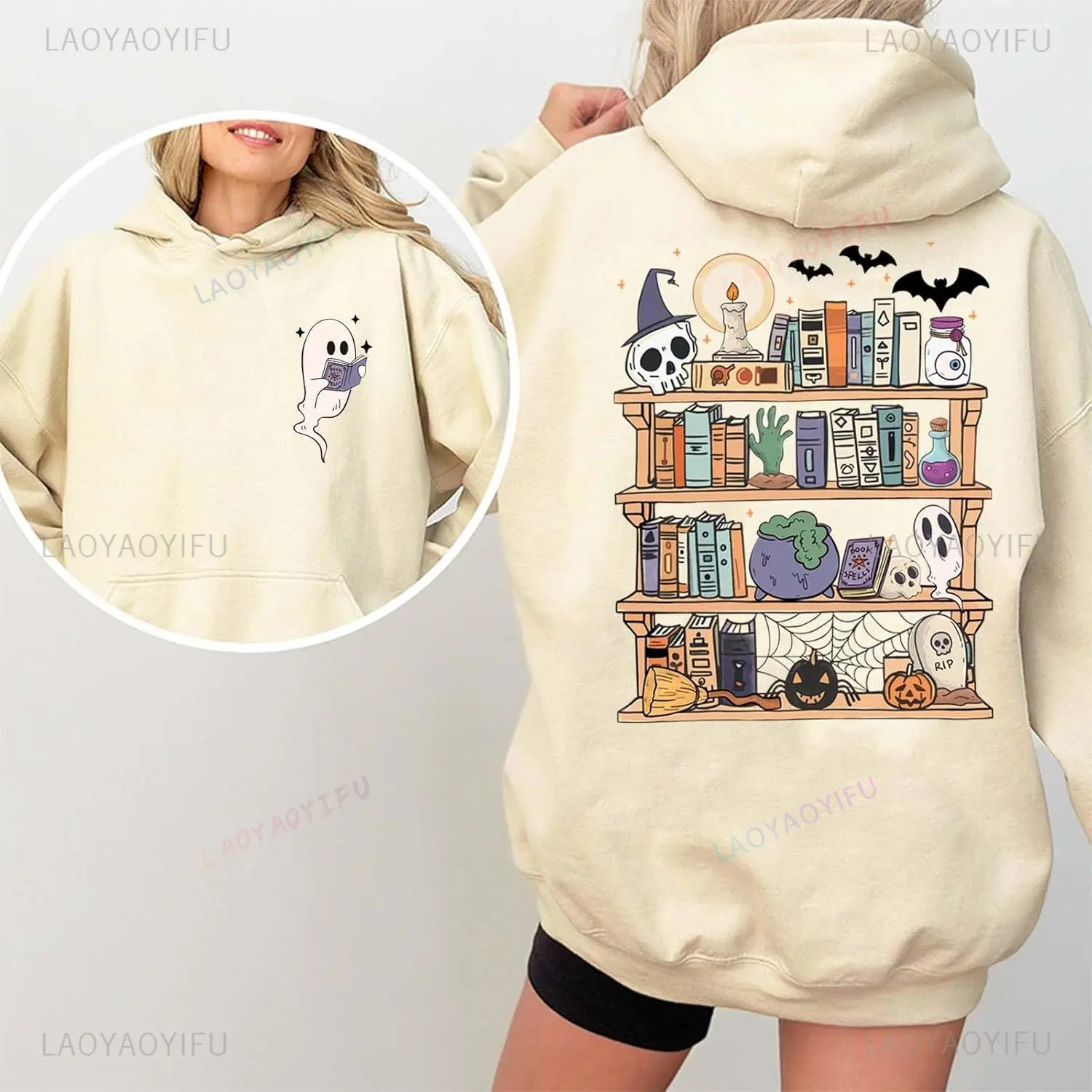 Halloween Ghost Bookshelf Graphic Hoodie Spooky Library Book Lover Ghost Reading Books Sweatshirt Casual Fashion Loose Pullover