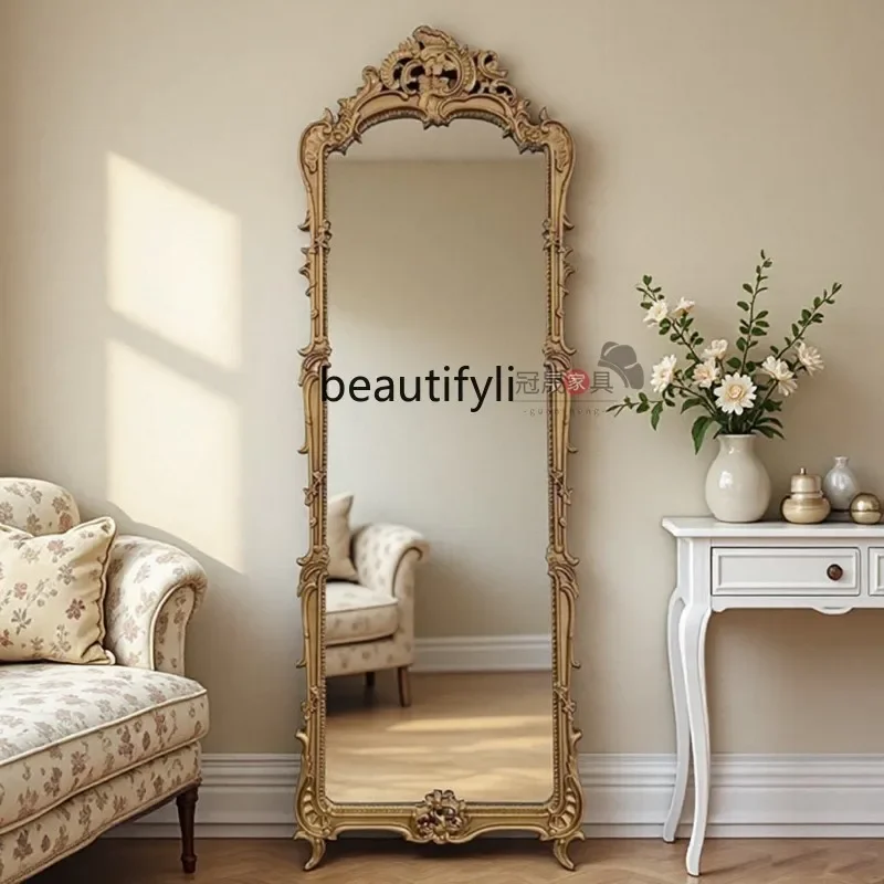 

French retro full-length mirror European carved full-length mirror Home special-shaped floor mirror Bedroom living room6239