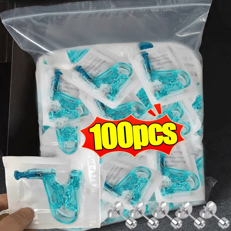 100PCS Blue Ear Piercing Gun Kit Asepsis Disposable Healthy Safety Nose Earring Piercer Tool Set Machine Kit Studs Body Jewelry