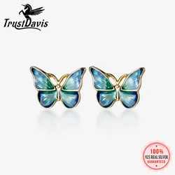 Trustdavis Genuine Fashion 925 Sterling Silver Gold Blue Wing Butterfly Stud Earrings For Women Girls Wedding Jewelry Gift DA481