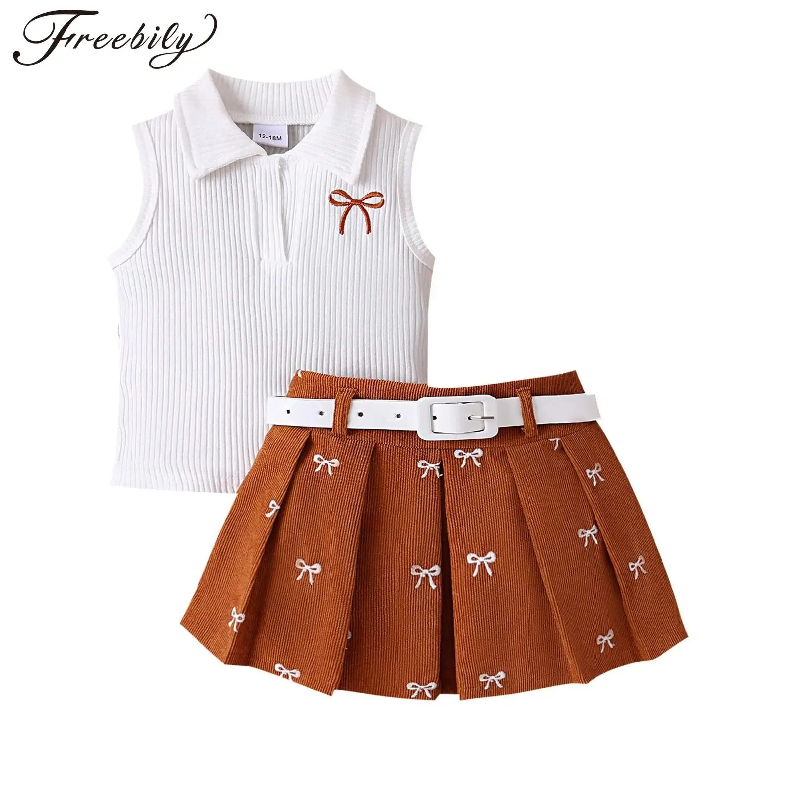 

Baby Girls Sweet Summer Clothes Outfit Lapel Sleeveless Knitted Tops with Print Pleated Skirt Adjustable Belt School Casual Wear