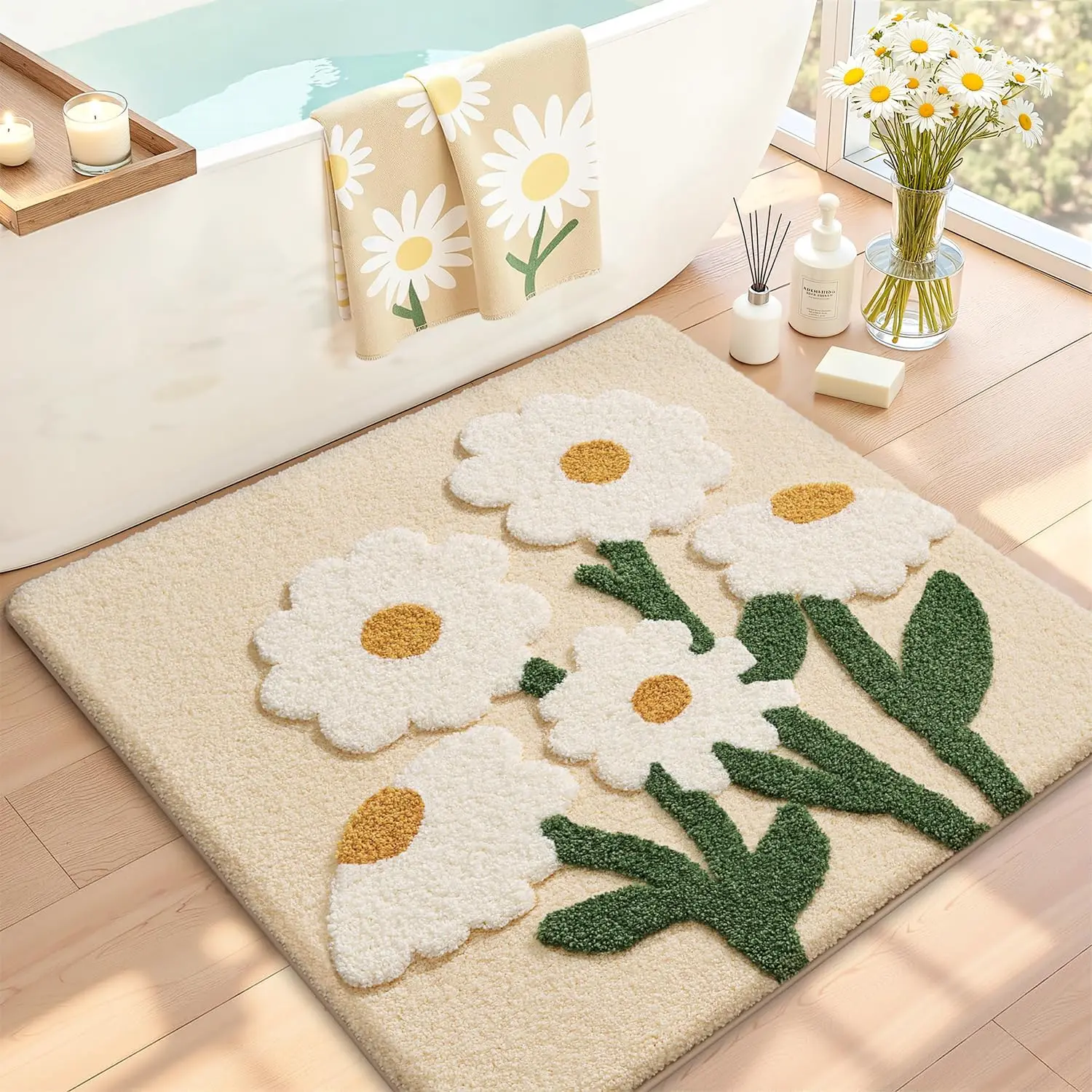 

Bathroom Rugs Cute Daisy, Soft Absorbent Square Bath Mat Non-Slip, Machine Washable Quick Dry Beige Luxury Rug Flower f