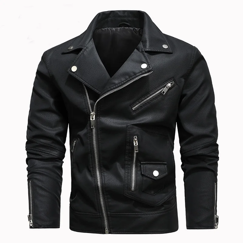 

Men's Pu Motorcycle Leather Jackets Oblique Zipper Locomotive Coat Solid Color Fashion Male