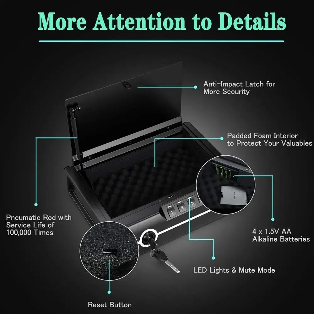 Biometric Fingerprint Safe with Quick Access, Heavy-Duty Steel, Holds 2 Pistols, Auto-Open Lid, DOJ Approved