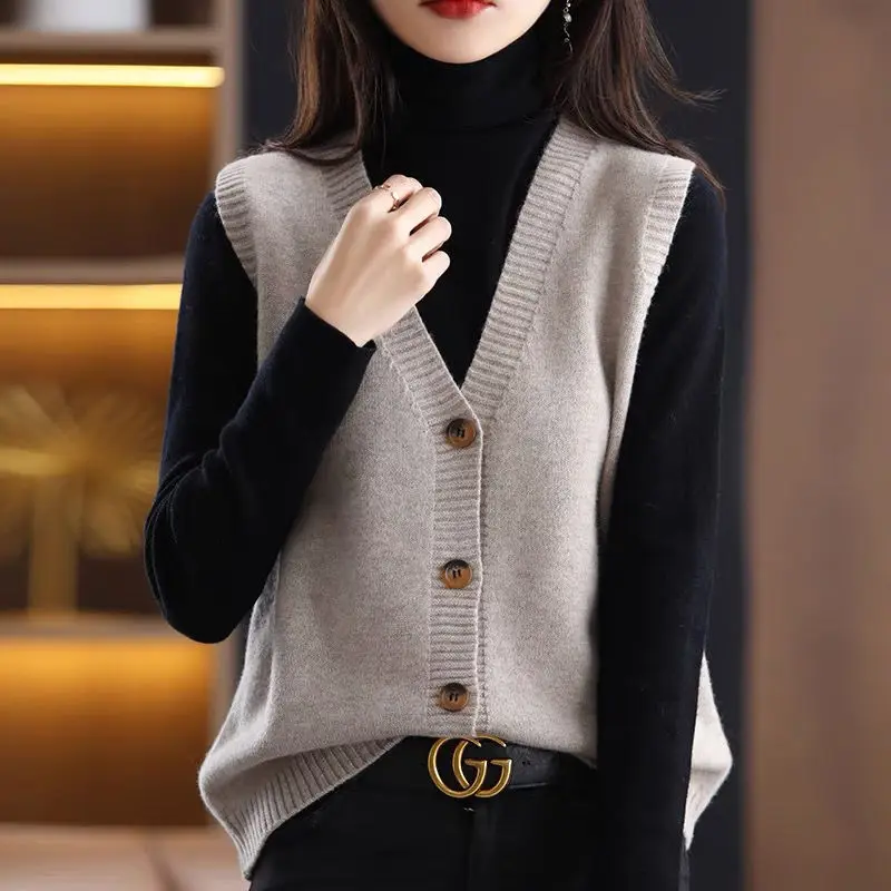 Women Clothing Autumn Winter Korean Fashion V Neck Sleeveless Button Knitted Sweater Vest Casual Solid Loose Outerwear Waistcoat