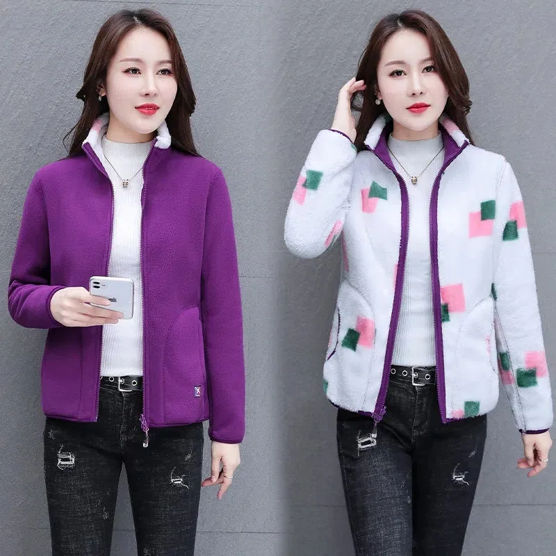 Reversible Polar Fleece Hoodie Female Spring Autumn New Add Velvet Add Thick Stand Collar Cardigan Coral Fleece Keep Warm Coat