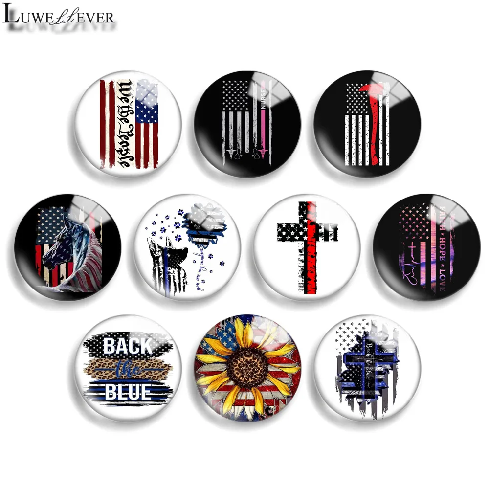 10mm 12mm 20mm 25mm 30mm 40mm 923 US Flag Mix Round Glass Cabochon Flat Jewelry Finding 18mm Snap Button Charm Bracelet