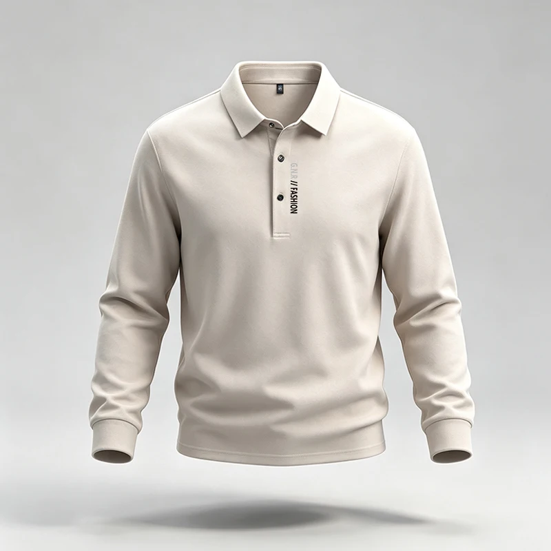 Herren-Polohemd mit Reverskragen, langen Ärmeln, Knopfleiste und Buchstabenmuster, aus weichem Stoff, ideal für den urbanen Alltag, den täglichen Arbeitsweg und lässige Streetwear-Outfits. – Detail 5