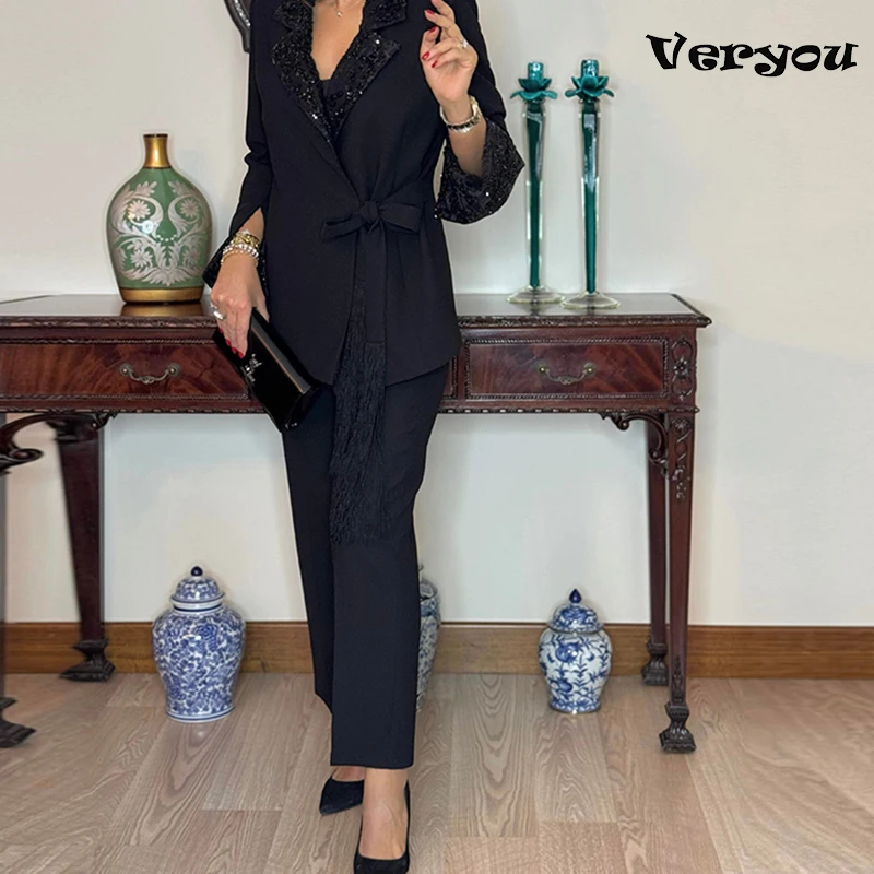 

Fashion Women Fashion Two Piece Set Female Turn Down Collar Long Sleeve Blazer Suit Pants Women Sequins Party Outfits