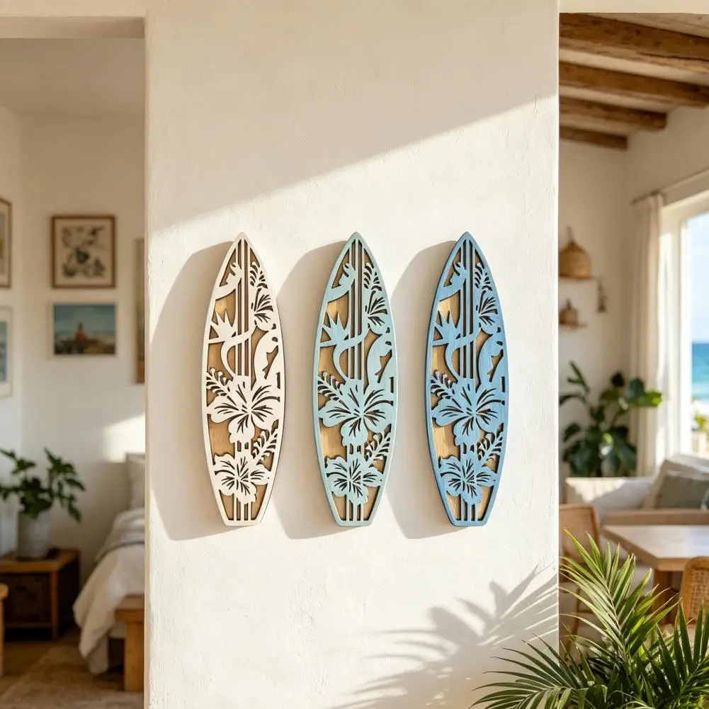 2026 Engraved Wood Art 3 Pcs Wooden Surfboard Wall Decor Hollow Flowers Wall Art Beach Ocean Boho Wall Hanging Ornaments for Liv