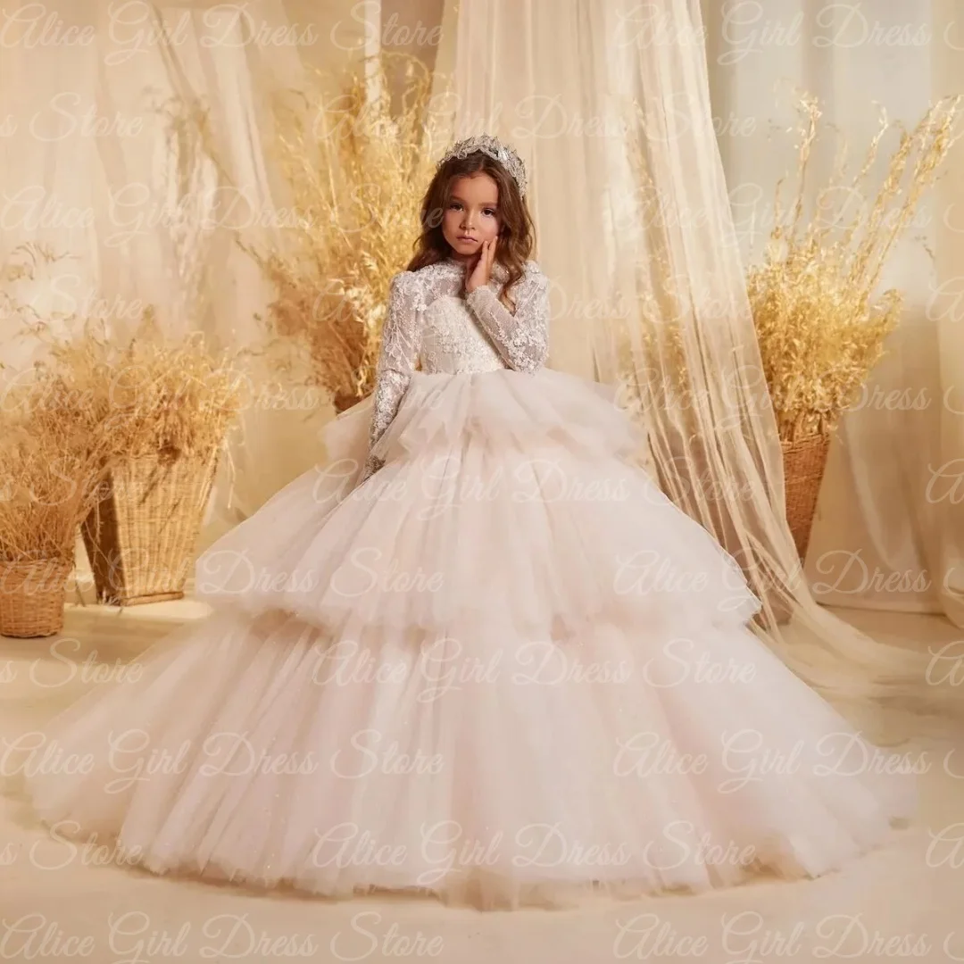 ที่กําหนดเองชุดเดรสดอกไม้สําหรับงานแต่งงานลูกไม้ Appliques Layered Princess First Communion เด็กวันเกิด Party Ball Gowns