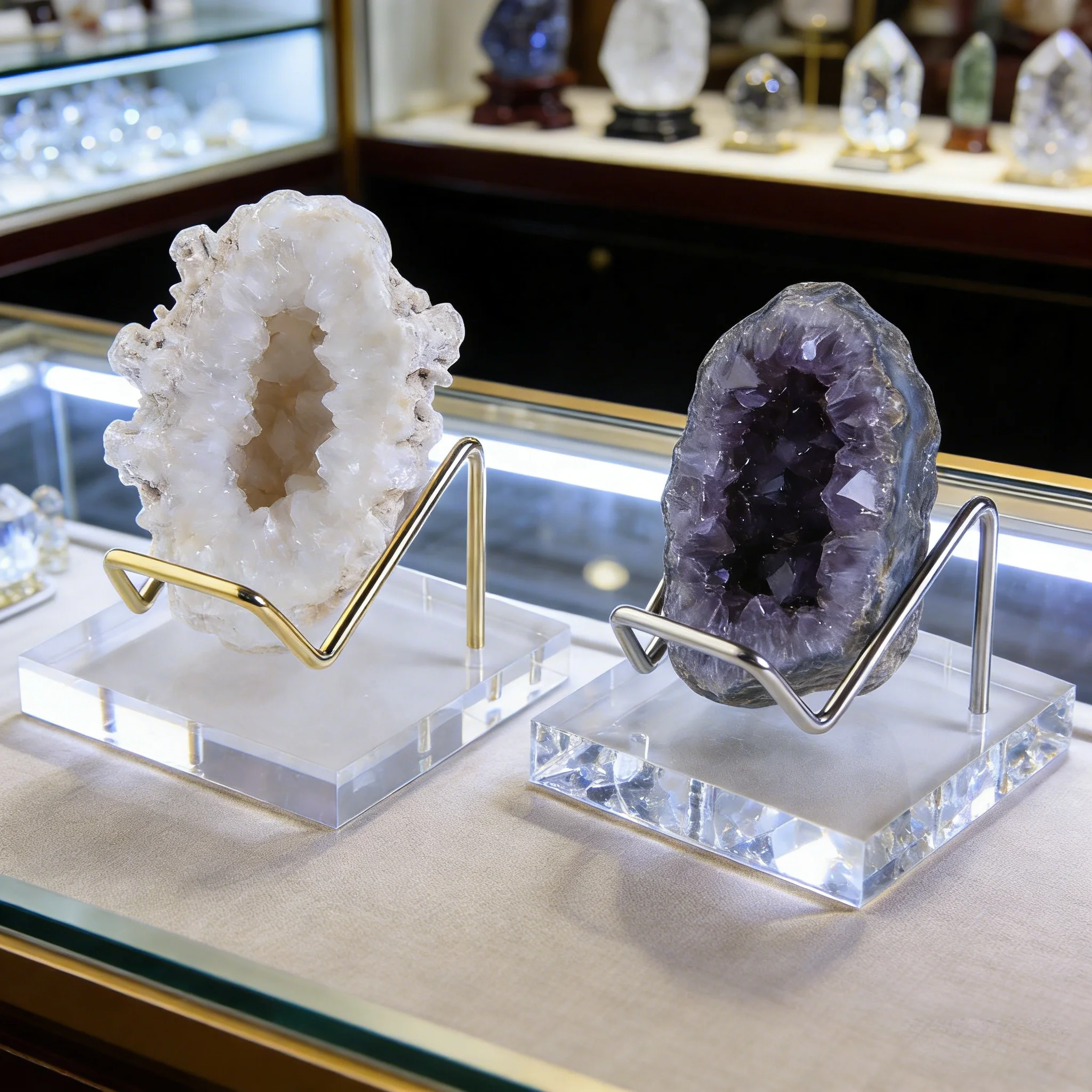 Clear Acrylic Rock Display Stand with Metal Arms - Holder for Geodes, Crystals, Fossils & Mineral Collectibles