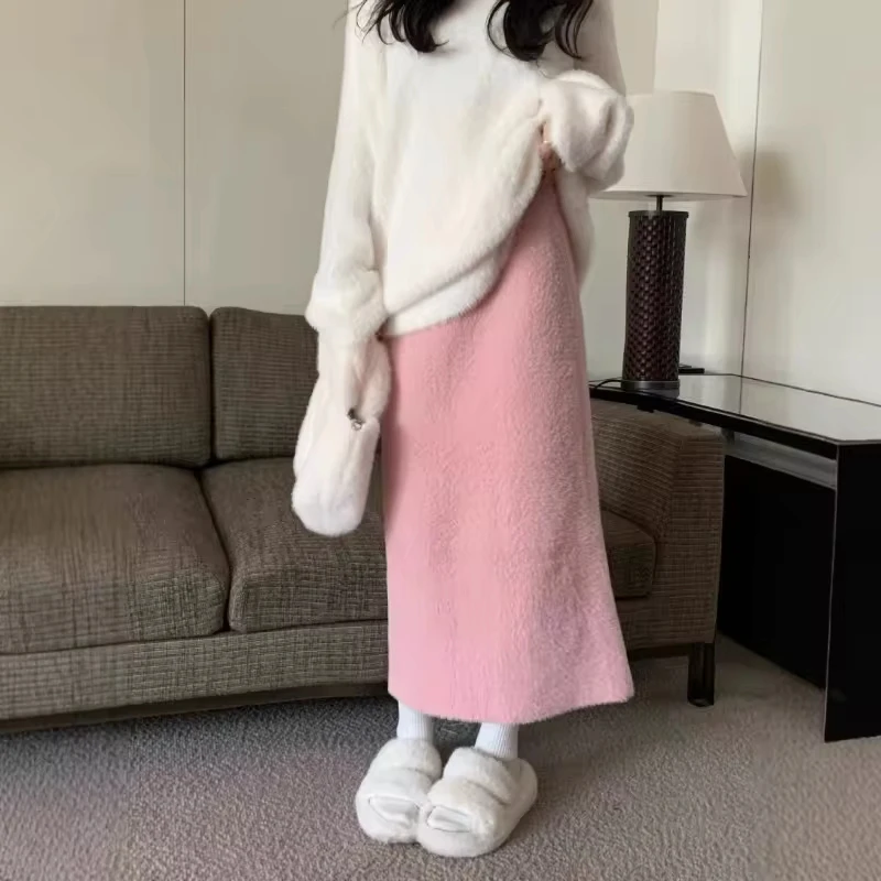 Mink Cashmere Straight Tube Skirt Lazy Style High-waisted Knitted Gentle Long Length New Autumn Style Women's Drooping