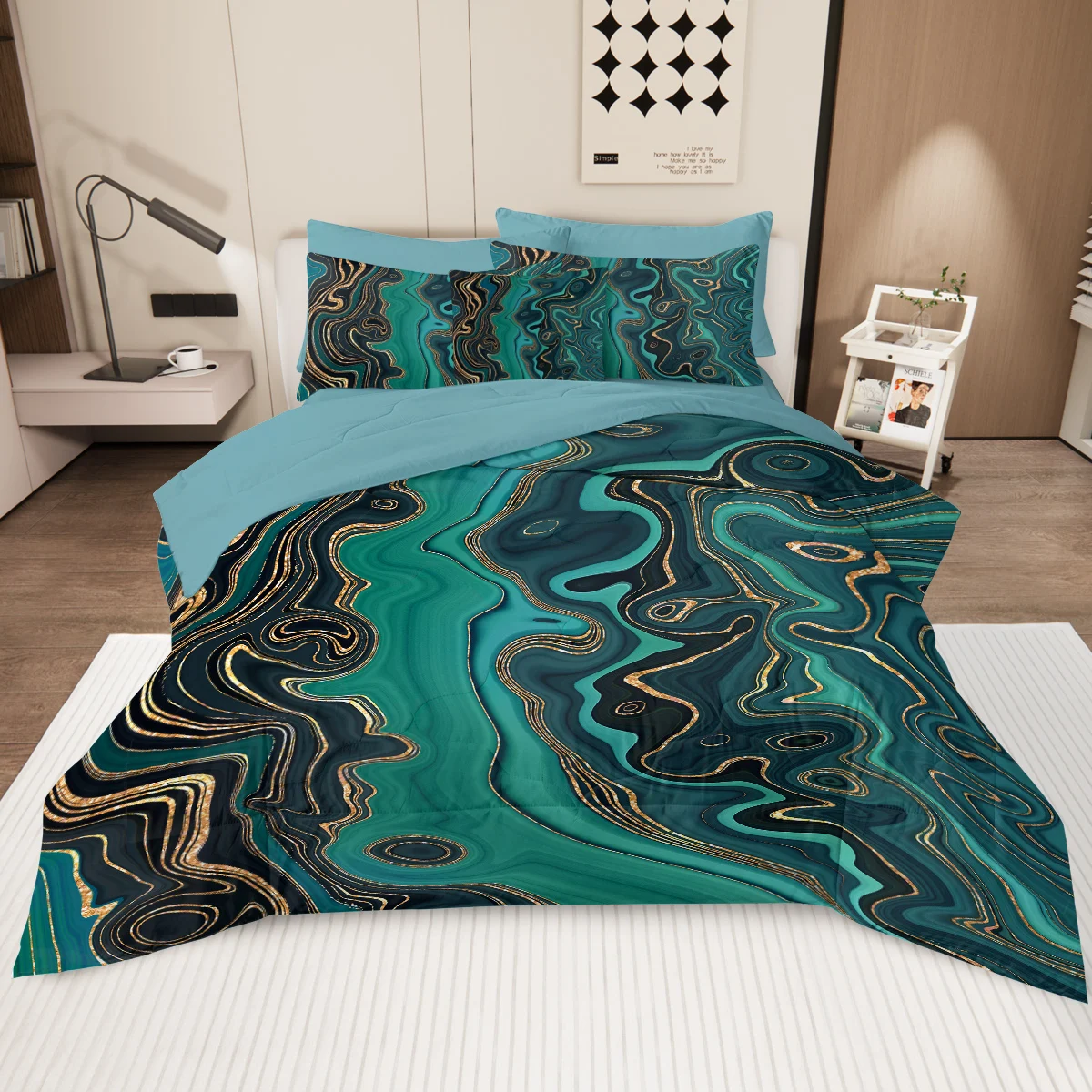 8 Piece Peacock Green Texture Printed Quilt Set Dark Green Comforter Set Home Decor Suitable for All Seasons