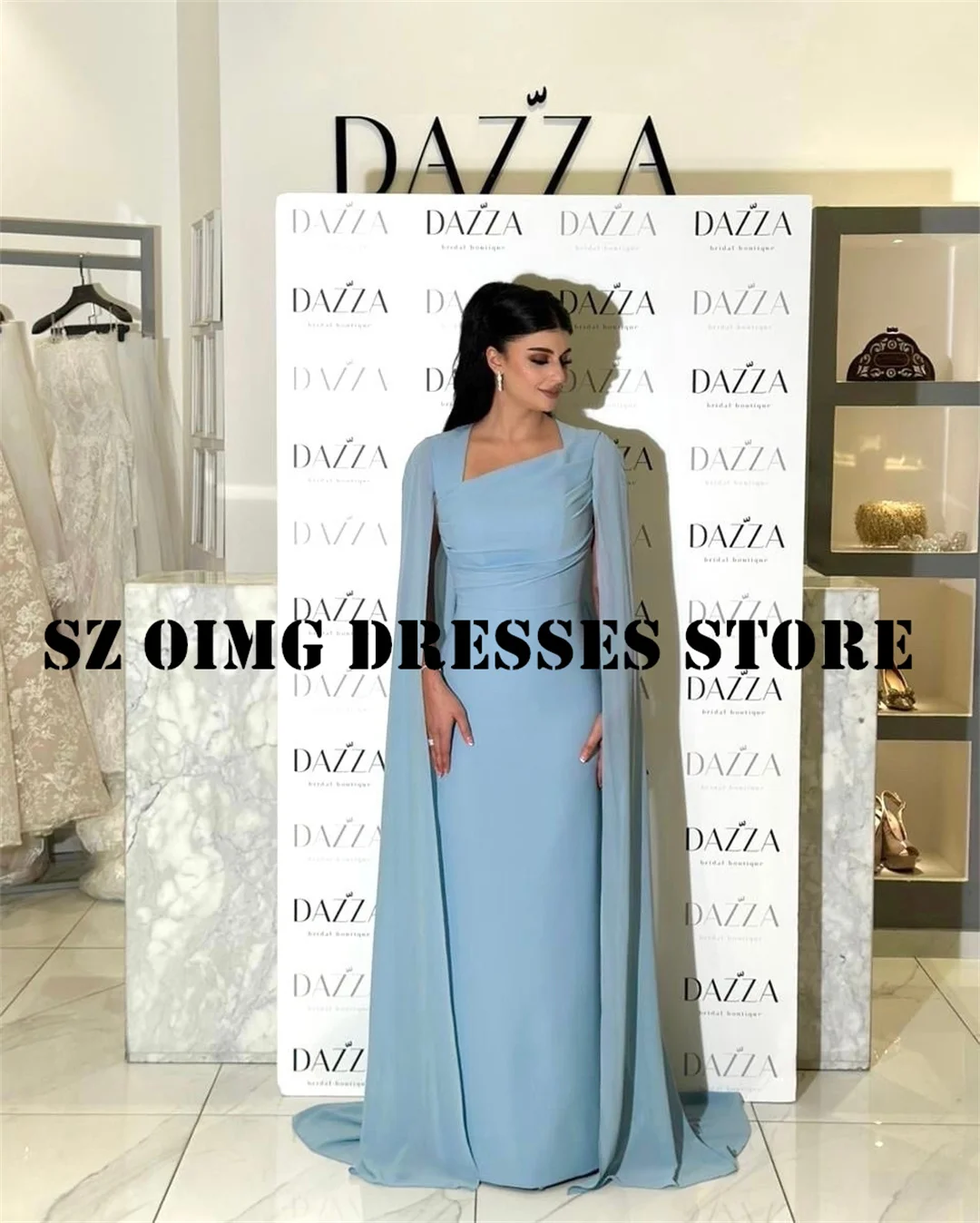 

OIMG New Design Prom Dresses Arabic Sky Blue Women Square Neck A-Line Satin Ruched Ruffles Evening Gowns Formal Party Dress