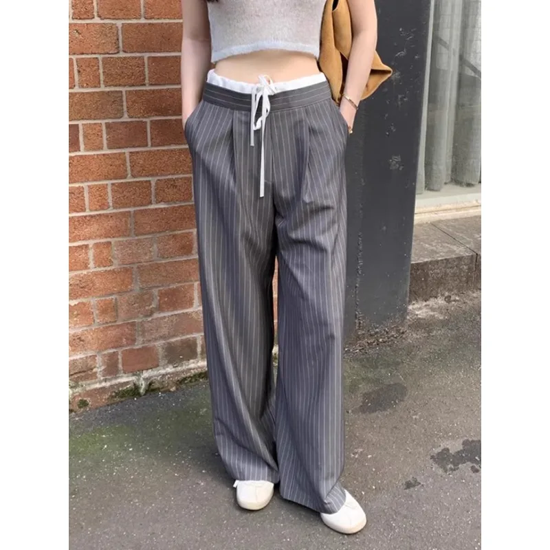 

2024 Summer Vintage Korean Retro High Street Spliced High-waisted Lace-up Trousers Streetwear Fashion Srtiped Wide Leg Pants