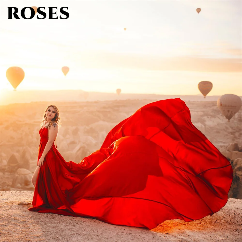 

ROSES Red Beach Chic Woman Evening Dress Gown Stain Ball Gown Spaghetti Strap Night Dress Gown With Big Train robes de soirée