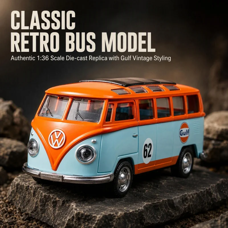 Voiture miniature rétro en métal moulé sous pression, modèle 1:36, forme de bus classique avec autocollants vintage Gulf, fonction de recul, objet de collection pour bureau