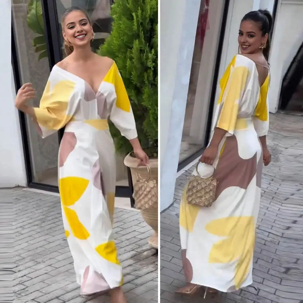 Women Printed Maxi Dress Stylish Colorblock Printed Maxi Dress for Women V Neck High Waist Off Shoulder Design for Prom