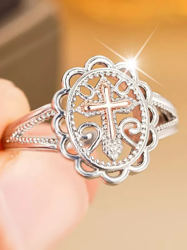 

S925 Two-Tone Cross Sterling Silver Ring, Hollow Diamond-Studded Vintage Pattern, Fashionable Religious Style, Unique Index Finger Ring, Suitable for Dating, Parties, Daily Wear, Gift for Sisters, Friends, Family, Birthday Gift, Women's Quality Jewelry