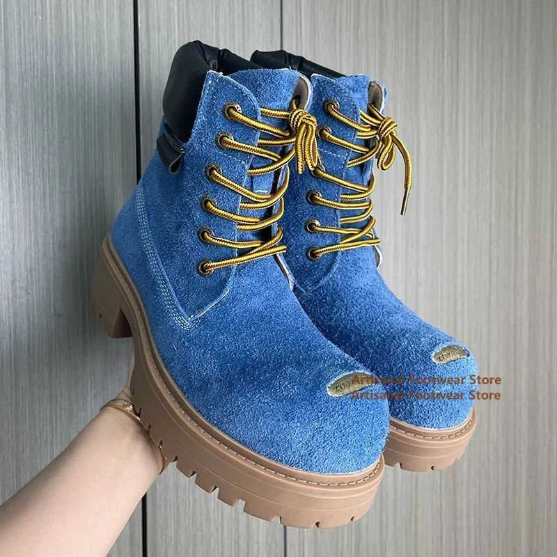 Męskie botki ze skóry zamszowej na podwyższeniu, z dużym okrągłym noskiem, sznurowane, wysokie, modne, stylowe, designerskie, ręcznie robione buty outdoorowe.