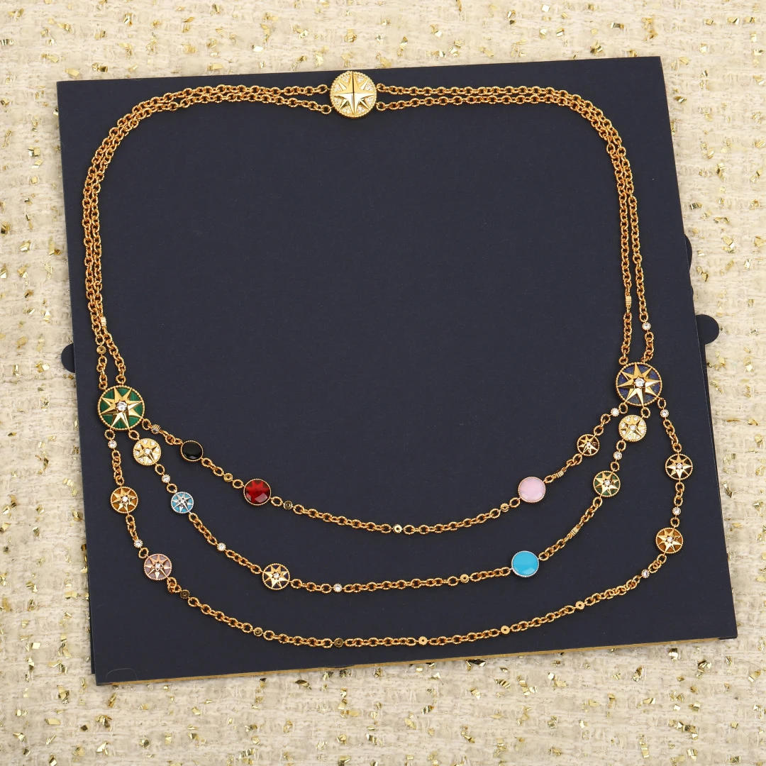 

Top Quality Colored Natural Stone Full Diamond Double Layer Luxury Star Gold Necklace Woman Gorgeous Jewelry