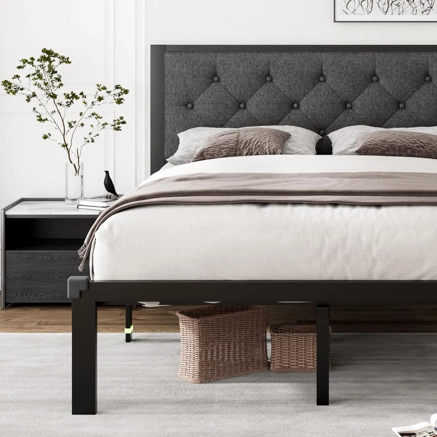 

Full Size Metal Bed Frame, Linen Platform Bed Frame with Button Tufted Headboard, 12" Space, Steel Slats