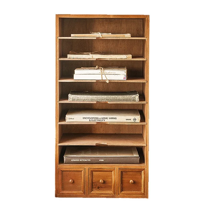 Solid Wood Multi-layer Storage Cabinet, Vertical Retro Drawer Type Bookshelf A4 Folder Desktop Storage Box Office Desk