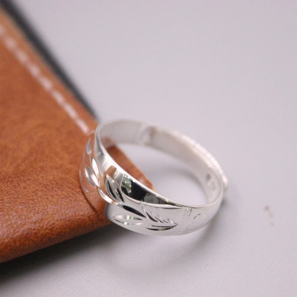 Real Pure 999 Fine Silver Band Men Women Lucky 7mm Carved Pattern Leaf Ring 3.2g