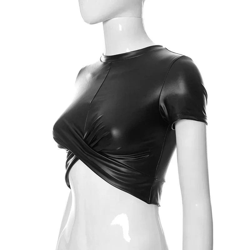 New Tank Top PU Leather Camisole Clothing Cropped Faxu Leather Ladies Sexy Short Top Short Sleeve Black