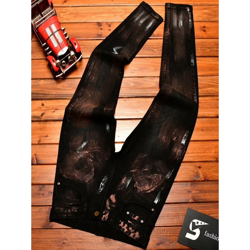 2025 الخريف الجينز الأسود الرجال النافثة للحبر الكتابة على الجدران المطبوعة الشارع ملابس للرجال الاتجاه الحنين الراقية الرجعية الدنيم السراويل #6