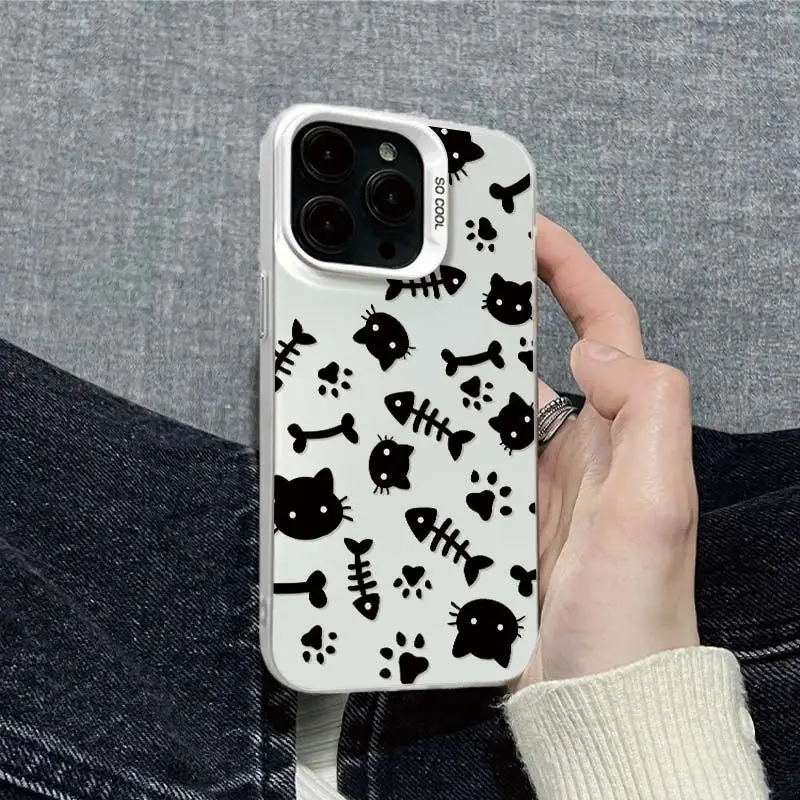 

Simple cat and fishbone design phone case for iPhone 16 15 14 13 12 11 Pro/ Max/Plus shock-proof rear cover anti-fingerprint