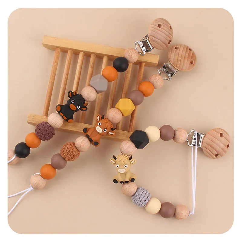 Kissteether Wooden Felt Ball Baby Pacifier Chain Beech Soother Nipple Clips For Silicone Beaded Dummy Holder Chain Care Chew Toy