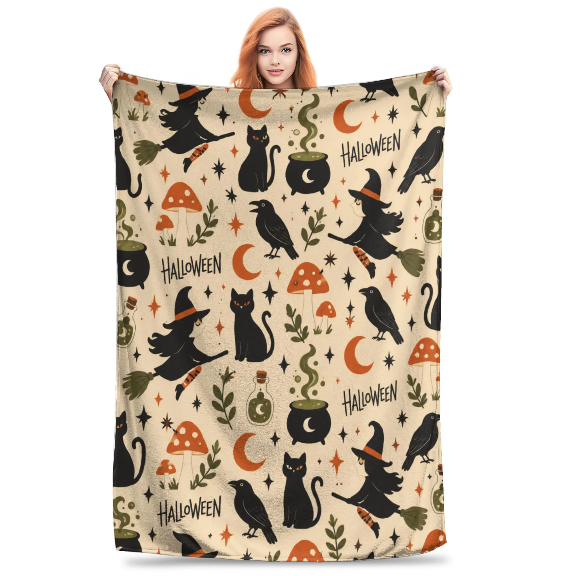 1PC Black Cats Witches Cream Stars  Winter Blankets for Adults Bedding Home Interior Sofa Knee